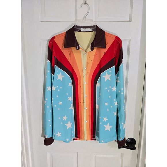 Ranch Dressn Western Style Long Sleeve Pearl Snap Shirt M Stars Stripes Retro - Picture 7 of 14